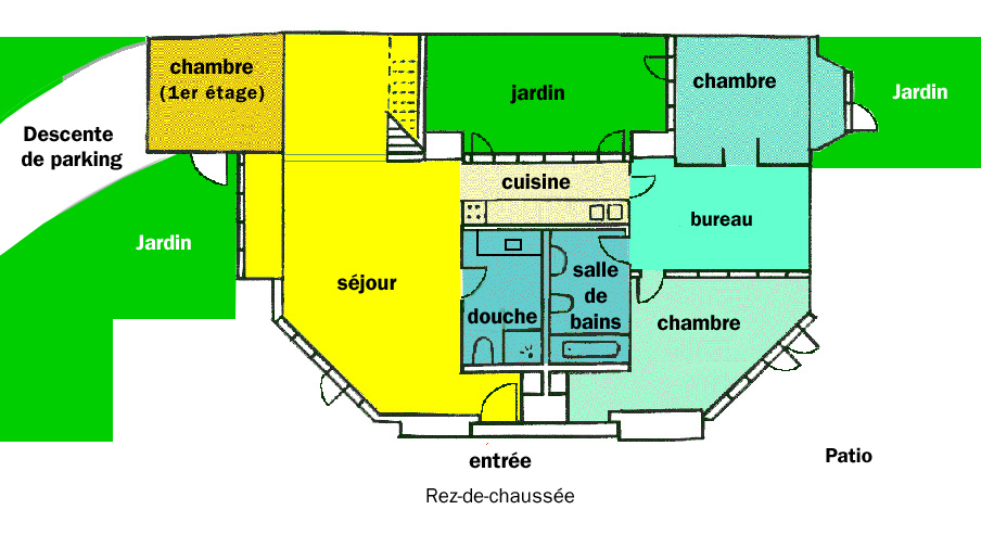 Le plan de l'appartement au rez-de-chaussée. Il y a une chambre au premier étage.