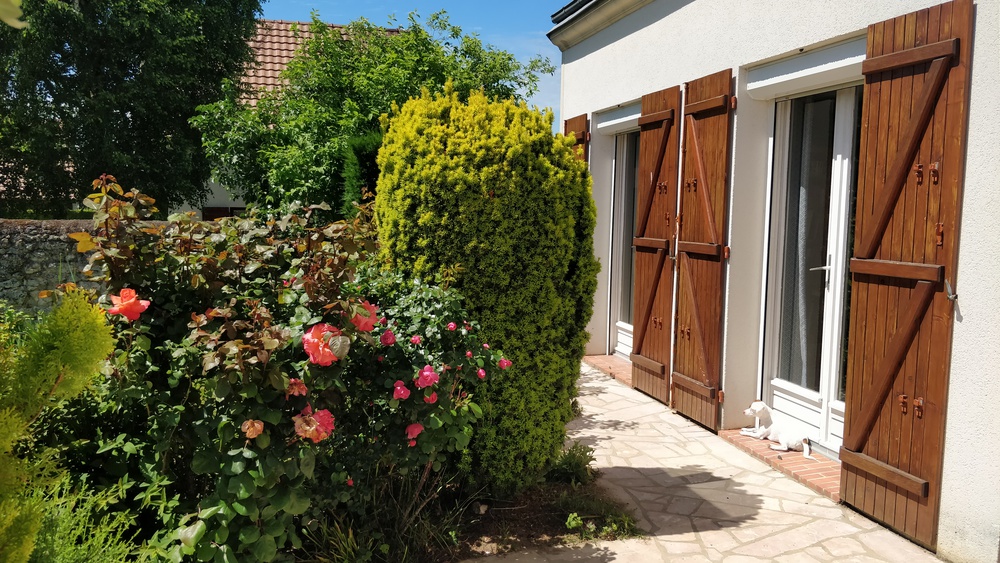 Un jardin arboré et fleuri et... notre chien au soleil ;-)