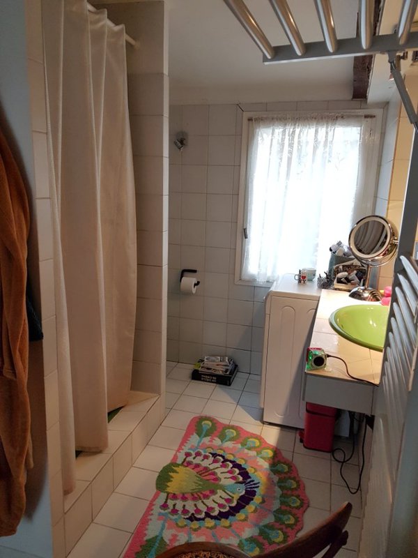 bathroom with washing machine, dryer, shower and toilets (unhappily all together)